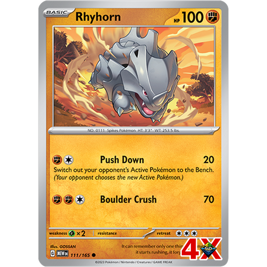 4x Rhyhorn 111/165 Playset Pokémon Card 2023 Scarlet & Violet 151 Playset  x4